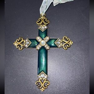 Elegant Green and Gold enamel Cross Pendant bling Chrystal